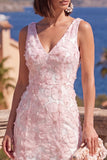 Pink A-Line V-Neck Floral Midi Wedding Guest Dress with Beading