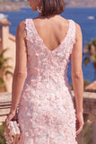 Pink A-Line V-Neck Floral Midi Wedding Guest Dress with Beading