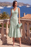 Pink A-Line V-Neck Floral Midi Wedding Guest Dress with Beading