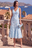 Pink A-Line V-Neck Floral Midi Wedding Guest Dress with Beading