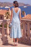 Pink A-Line V-Neck Floral Midi Wedding Guest Dress with Beading