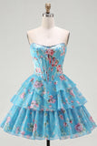 Yellow Floral A Line Tiered Strapless Corset Homecoming Dress