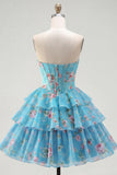 Yellow Floral A Line Tiered Strapless Corset Homecoming Dress