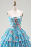 Yellow Floral A Line Tiered Strapless Corset Homecoming Dress
