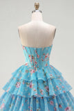 Yellow Floral A Line Tiered Strapless Corset Homecoming Dress