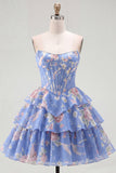 Yellow Floral A Line Tiered Strapless Corset Homecoming Dress