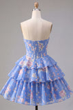 Yellow Floral A Line Tiered Strapless Corset Homecoming Dress