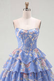 Yellow Floral A Line Tiered Strapless Corset Homecoming Dress