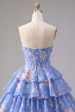 Yellow Floral A Line Tiered Strapless Corset Homecoming Dress