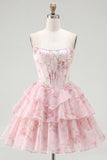 Yellow Floral A Line Tiered Strapless Corset Homecoming Dress