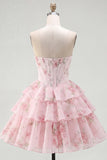 Yellow Floral A Line Tiered Strapless Corset Homecoming Dress