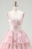 Yellow Floral A Line Tiered Strapless Corset Homecoming Dress
