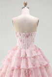 Yellow Floral A Line Tiered Strapless Corset Homecoming Dress