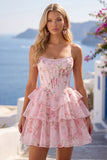 Yellow Floral A Line Tiered Strapless Corset Homecoming Dress