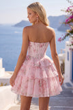 Yellow Floral A Line Tiered Strapless Corset Homecoming Dress