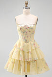 Yellow Floral A Line Tiered Strapless Corset Homecoming Dress