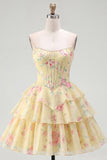 Yellow Floral A Line Tiered Strapless Corset Homecoming Dress