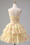 Yellow Floral A Line Tiered Strapless Corset Homecoming Dress