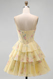 Yellow Floral A Line Tiered Strapless Corset Homecoming Dress