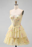 Yellow Floral A Line Tiered Strapless Corset Homecoming Dress