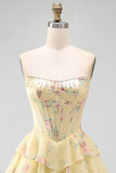Yellow Floral A Line Tiered Strapless Corset Homecoming Dress