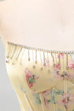 Yellow Floral A Line Tiered Strapless Corset Homecoming Dress