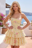 Yellow Floral A Line Tiered Strapless Corset Homecoming Dress