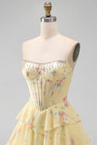 Yellow Floral A Line Tiered Strapless Corset Homecoming Dress