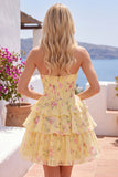 Yellow Floral A Line Tiered Strapless Corset Homecoming Dress