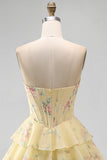 Yellow Floral A Line Tiered Strapless Corset Homecoming Dress