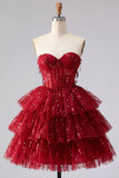 Burgundy Sweetheart A Line Tiered Corset Sequin Homecoming Dress