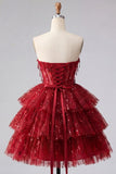 Burgundy Sweetheart A Line Tiered Corset Sequin Homecoming Dress