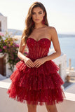 Burgundy Sweetheart A Line Tiered Corset Sequin Homecoming Dress