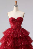 Burgundy Sweetheart A Line Tiered Corset Sequin Homecoming Dress