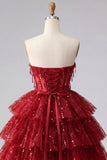 Burgundy Sweetheart A Line Tiered Corset Sequin Homecoming Dress