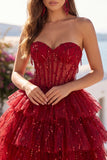Burgundy Sweetheart A Line Tiered Corset Sequin Homecoming Dress