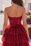 Burgundy Sweetheart A Line Tiered Corset Sequin Homecoming Dress