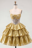 Golden Strapless Corset Tiered A Line Homecoming Dress with Beading