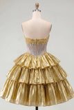 Golden Strapless Corset Tiered A Line Homecoming Dress with Beading