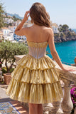 Golden Strapless Corset Tiered A Line Homecoming Dress with Beading