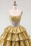 Golden Strapless Corset Tiered A Line Homecoming Dress with Beading