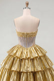 Golden Strapless Corset Tiered A Line Homecoming Dress with Beading