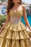 Golden Strapless Corset Tiered A Line Homecoming Dress with Beading