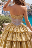 Golden Strapless Corset Tiered A Line Homecoming Dress with Beading