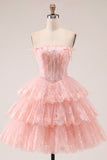 Blush A Line Tiered Tulle Corset Strapless Homecoming Dress