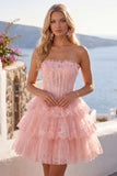 Blush A Line Tiered Tulle Corset Strapless Homecoming Dress