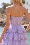 Blush A Line Tiered Tulle Corset Strapless Homecoming Dress