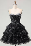 White Black Polka Dot Corset Sweetheart Tiered A Line Homecoming Dress