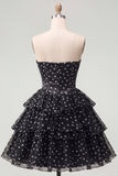 White Black Polka Dot Corset Sweetheart Tiered A Line Homecoming Dress