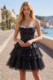 White Black Polka Dot Corset Sweetheart Tiered A Line Homecoming Dress